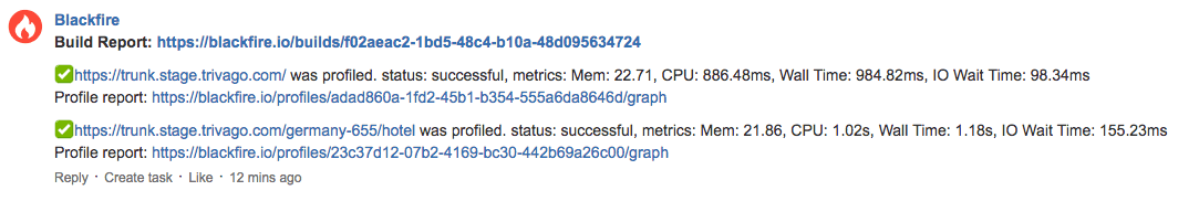 Pull Request example comment by blackfire-proxy
