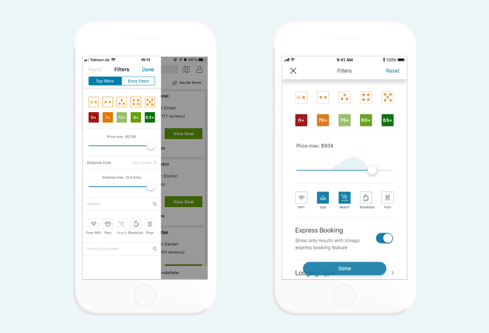 Filters. Image on the left is old app