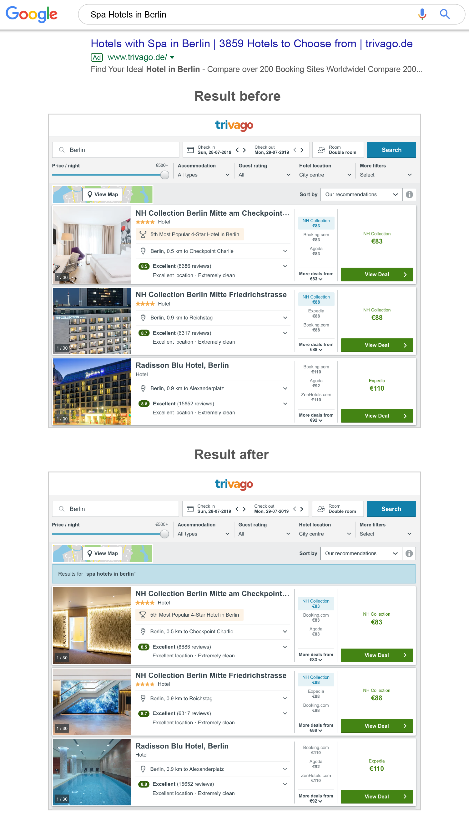 Difference in trivago landing page for users searching hotels with spa and wellness