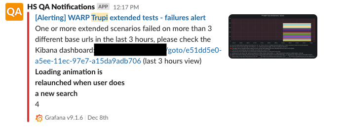 An example of Slack notification sent by the Grafana dashboard alerting system.
