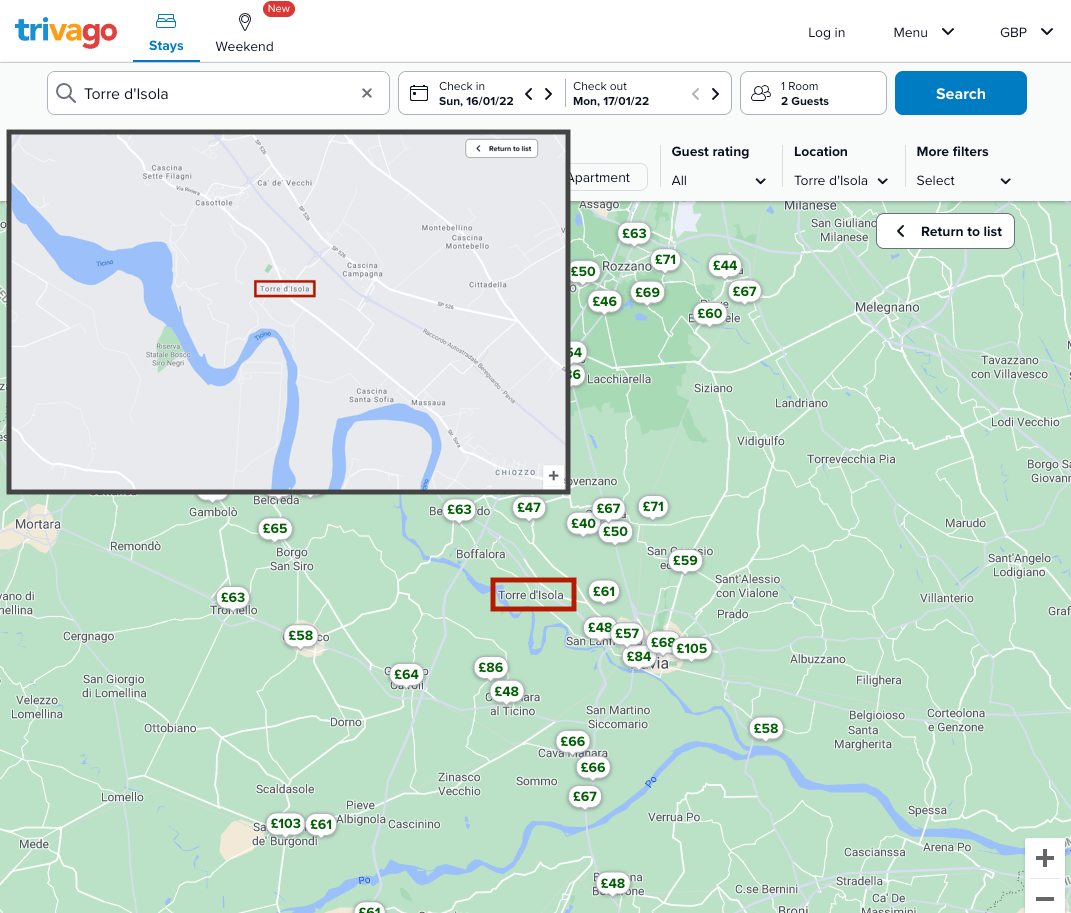 Two screenshots showing that a search for “Torre d’Isola” yields no results in the village itself. Therefore, we automatically switch to a perimeter search to show accommodations nearby.